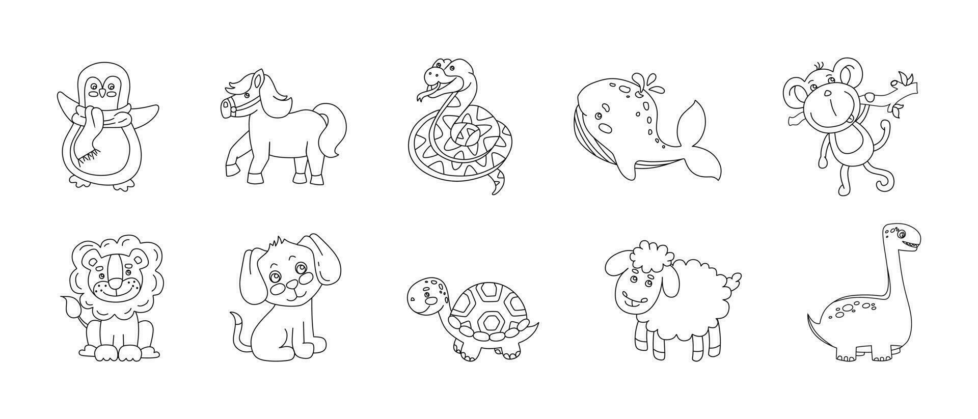 Animals Cute Funny Set of Drawings Vector black and white illustration Isolated on a white background