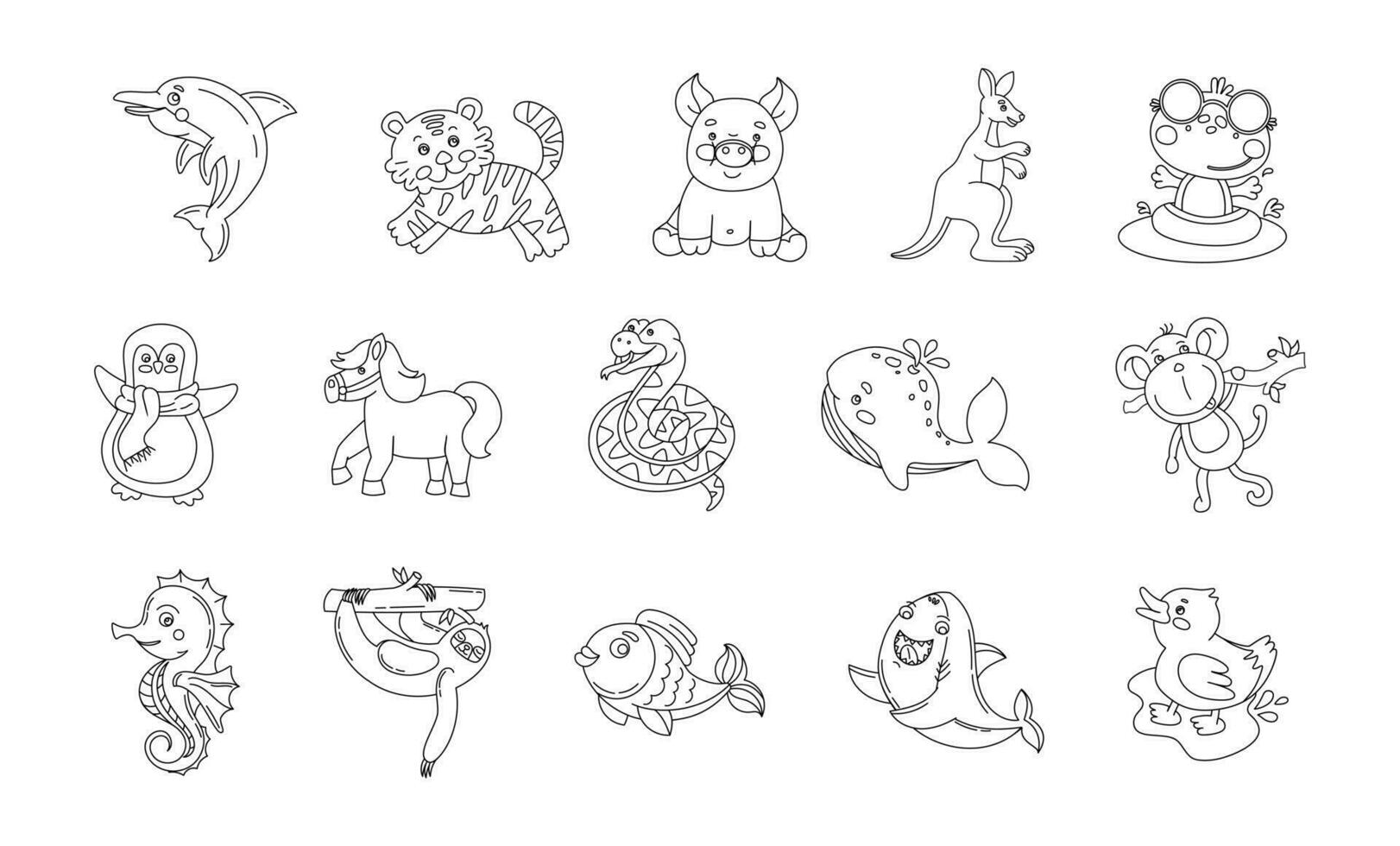 Animals Cute Funny Set of Drawings Vector black and white illustration Isolated on a white background