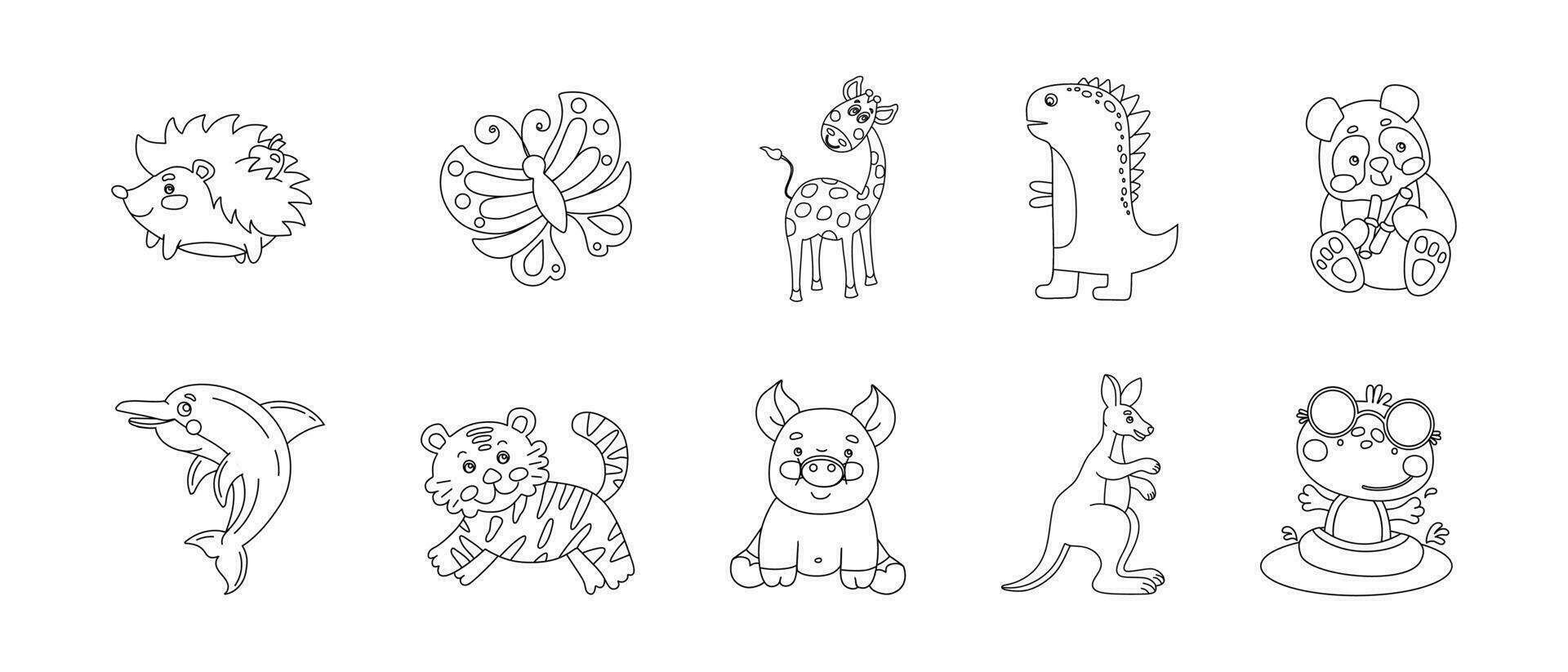 Animals Cute Funny Set of Drawings Vector black and white illustration Isolated on a white background