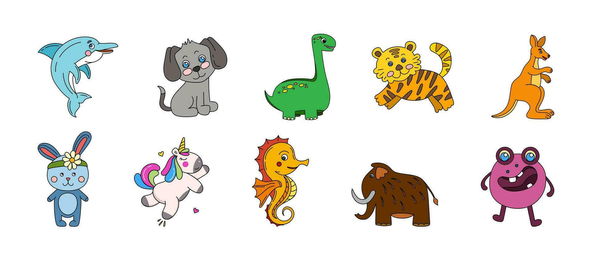 Animals Cute Doodle Set Vector Color Illustration Isolated on White Background