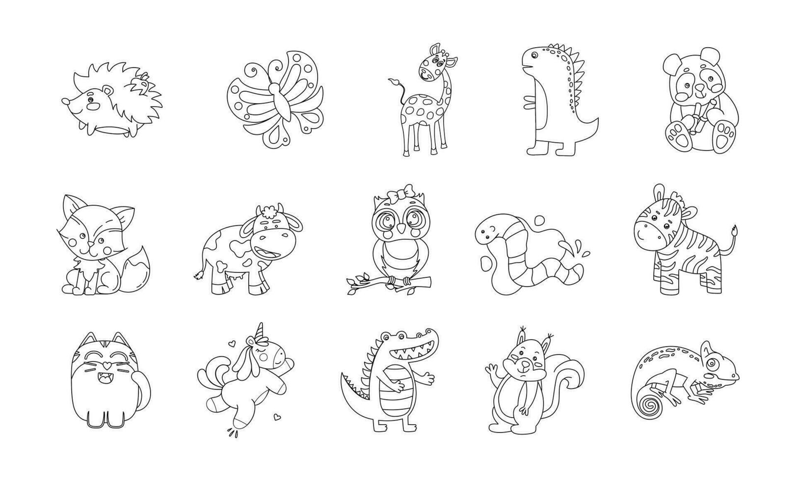 Animals Cute Funny Set of Drawings Vector black and white illustration Isolated on a white background