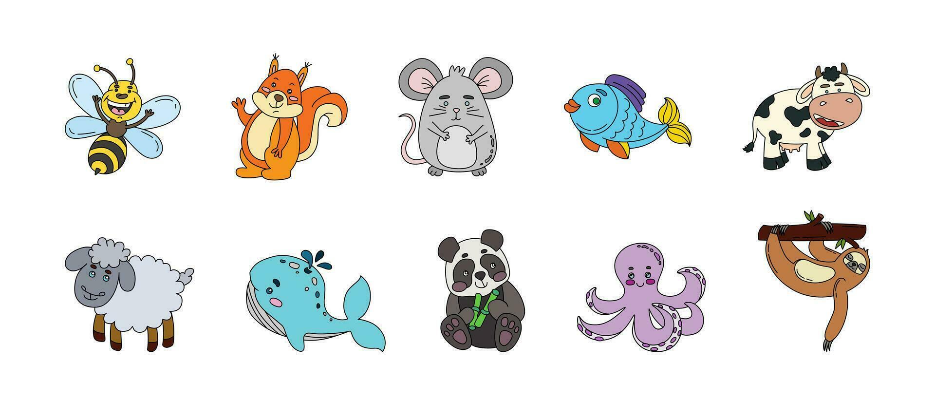 Animals Cute Doodle Set Vector Color Illustration Isolated on White Background