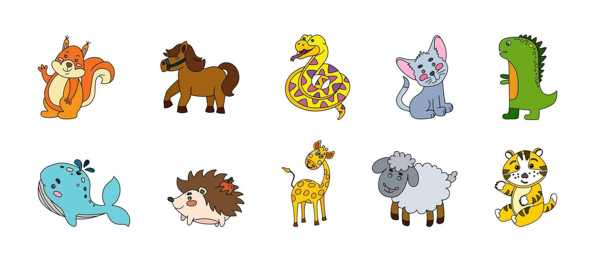 Animals Cute Doodle Set Vector Color Illustration Isolated on White Background