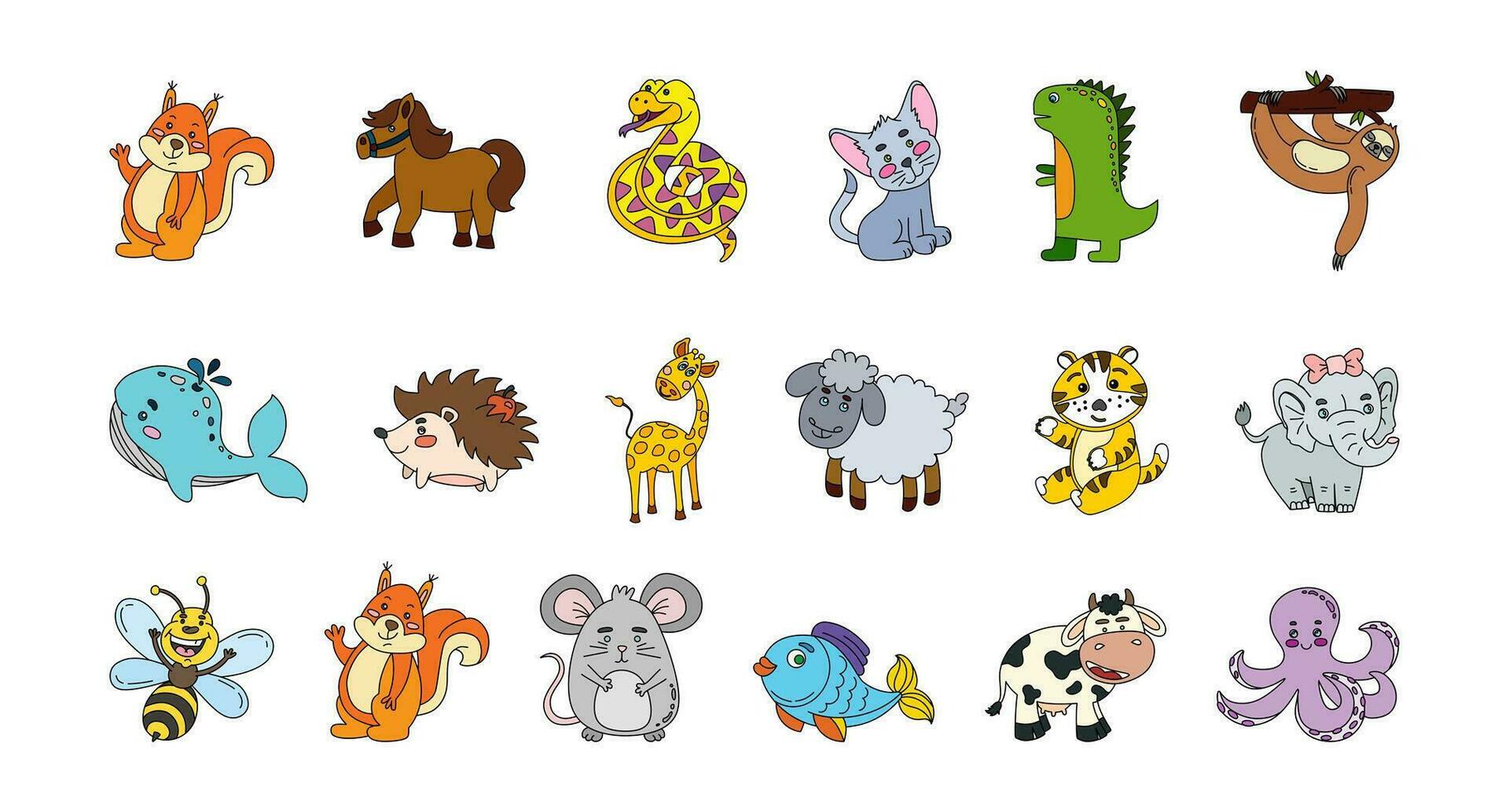 Animals Cute Doodle Set Vector Color Illustration Isolated on White Background