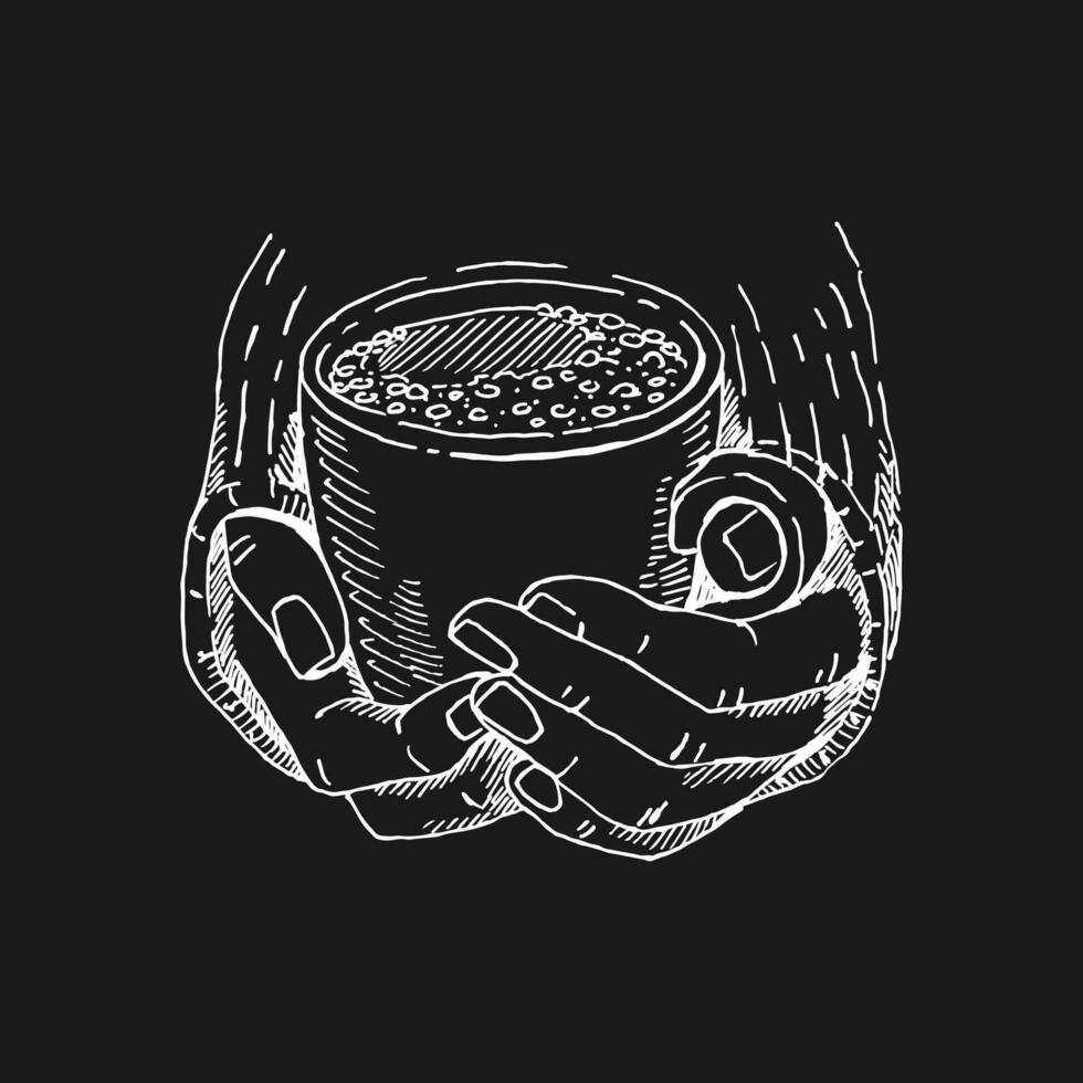 Hand drawn sketch of hands holding a cup of coffee, tea etc. Vector illustration isolated on black background.