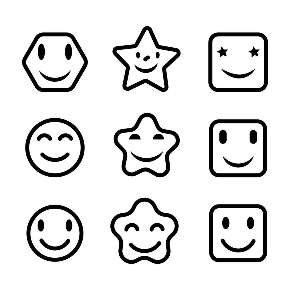 sonriente emoticono, contento cara íconos colocar, sonrisa icono negro y blanco, emoji caras vector ilustración