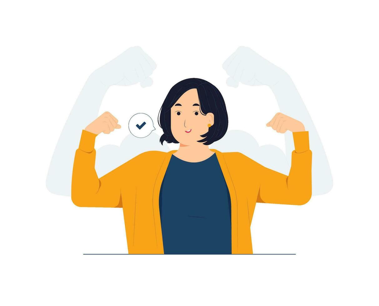 Strong powerful woman raises arms and shows biceps, has piercing in ear, Look at my muscles inner strength concept illustration vector