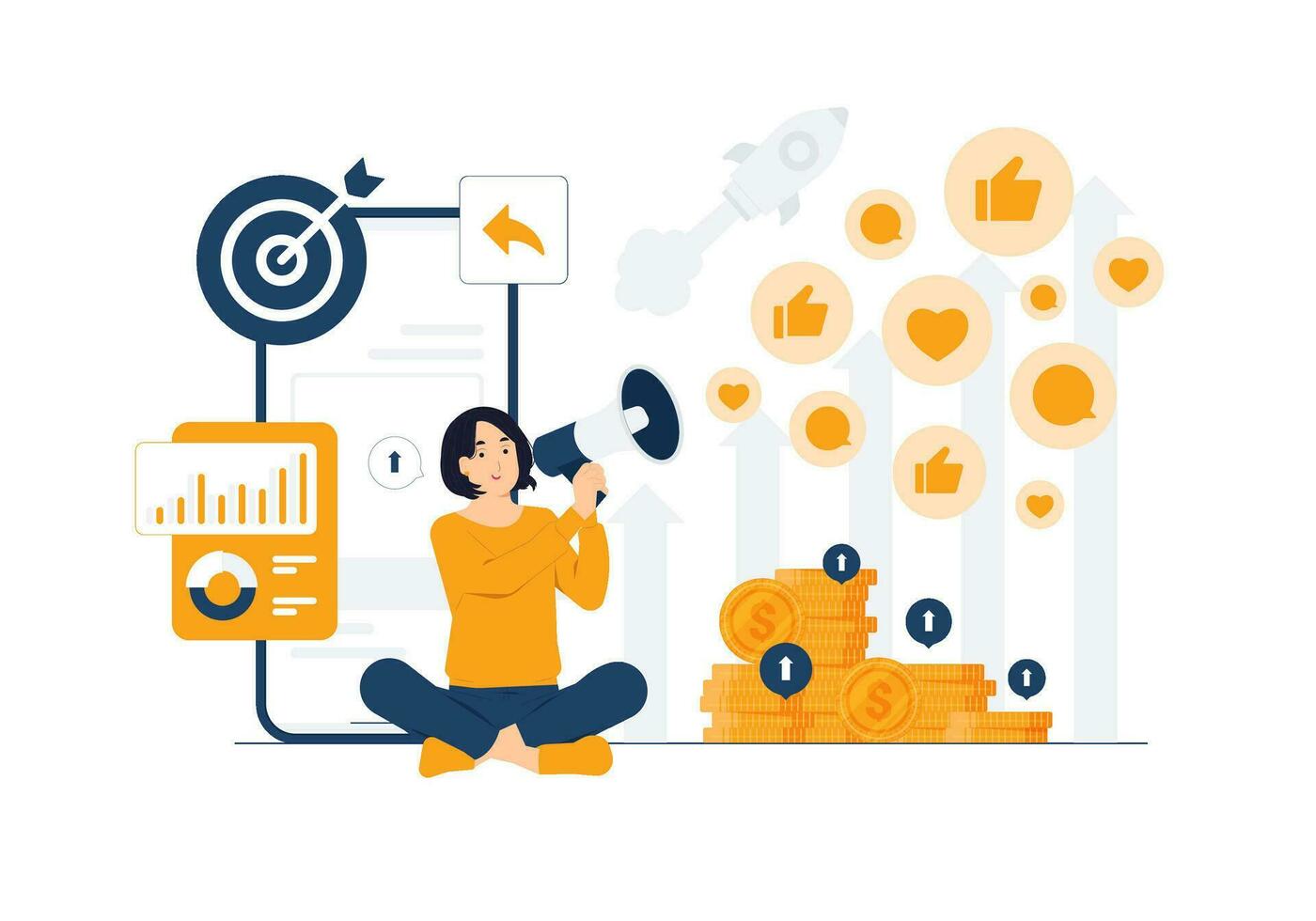 Social media influencer broadcasting, marketing, announcement in megaphone for advertising message to clients concept illustration vector