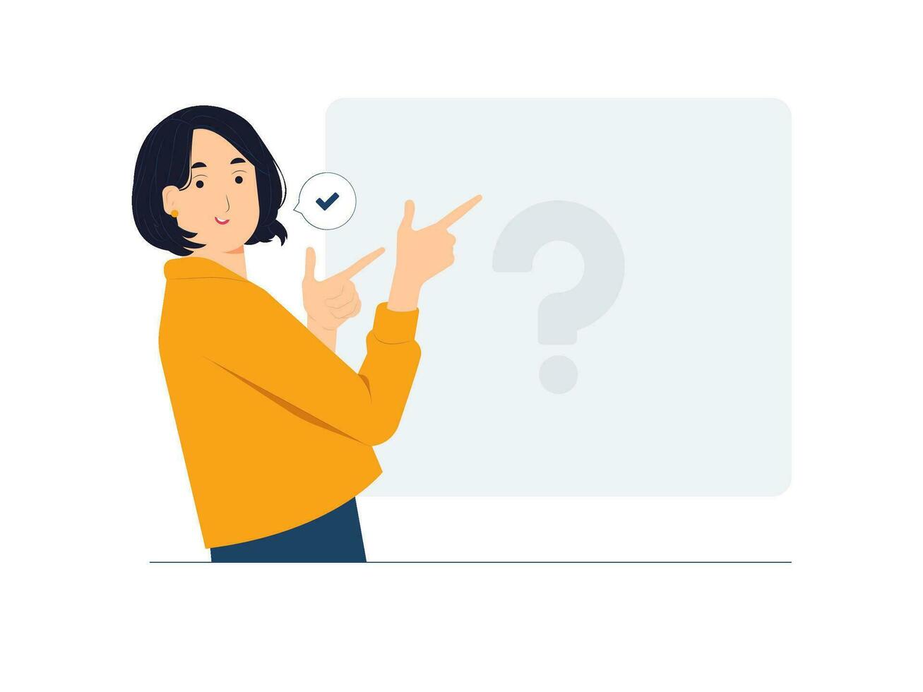 Woman pointing index fingers upper left and right corner with happy expression and showing advices use this copy space wisely concept illustration vector