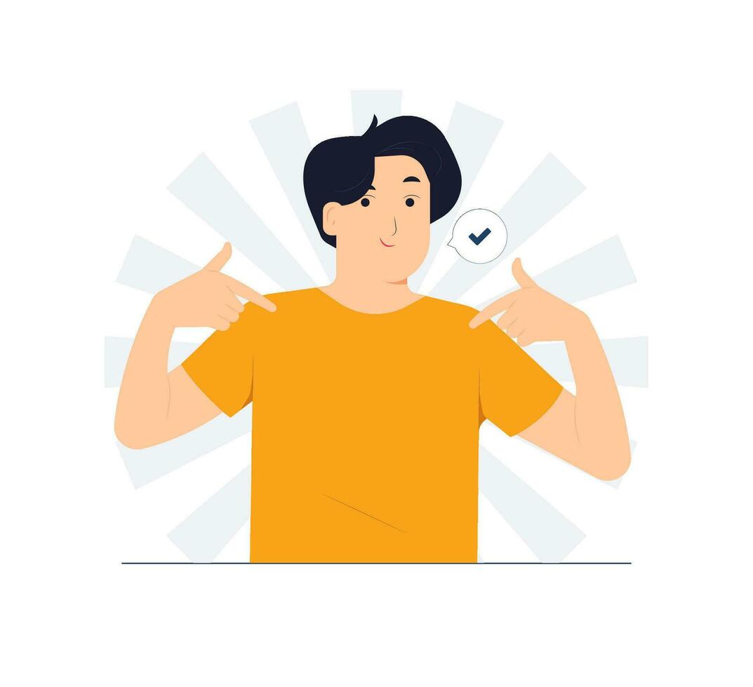 high self esteem, confidence, brave smiling man pointing himself with fingers proud and happy  concept illustration vector