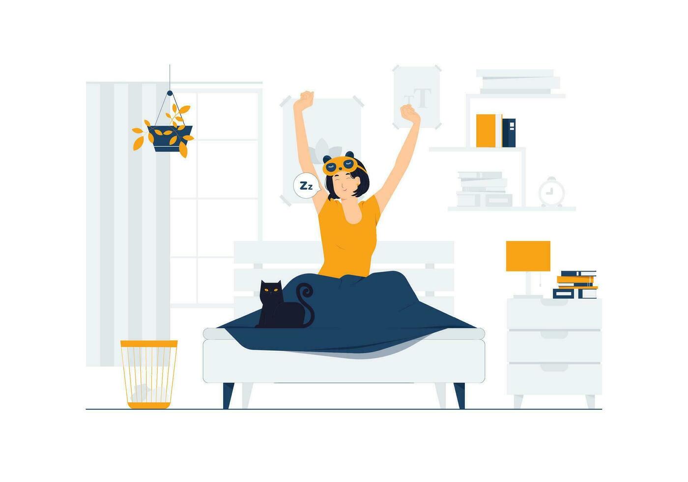 Wake up in the morning, Sweet dreams, good morning, Woman stretching in bed after waking up, entering a day happy and relaxed after good night sleep concept illustration vector