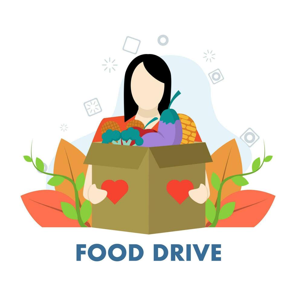 Concept of help, social care, volunteering, support for the poor. Happy woman holding food box in hand. Food drive contribution. Cartoon flat vector illustration for web banner.