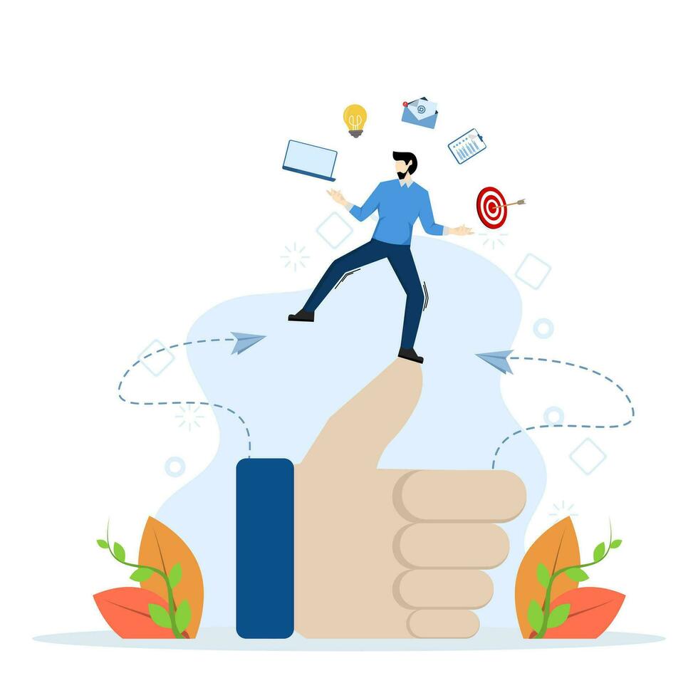 concept of ability, ability to succeed in job, skill or competency and career experience or knowledge for accountability, qualified entrepreneur juggling productivity object with thumbs up sign. vector