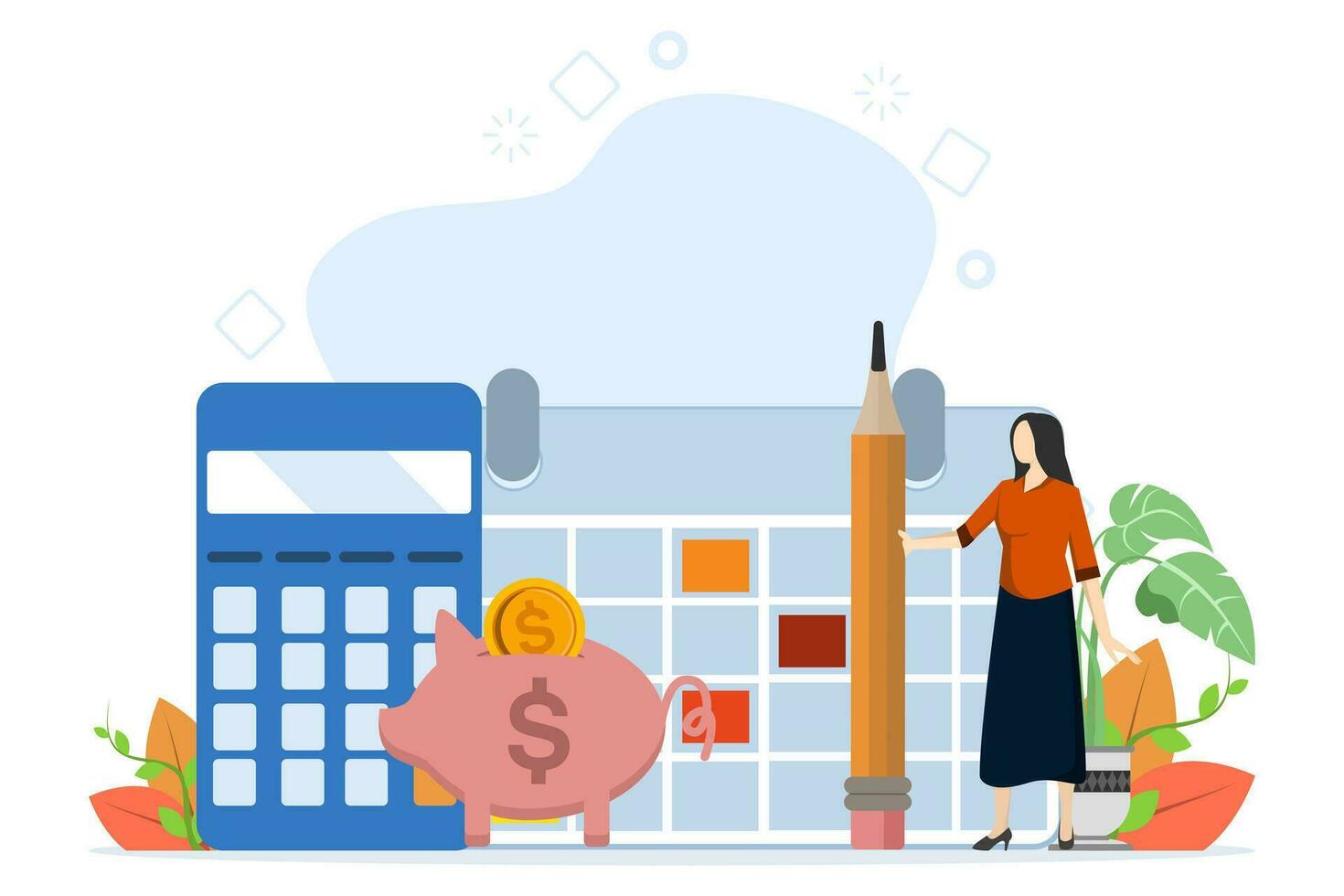Monthly expenses or budget, savings or investment plan, money management or credit card payments, expenses to pay bills, smart woman planning her monthly budget with calendar and piggy bank. vector
