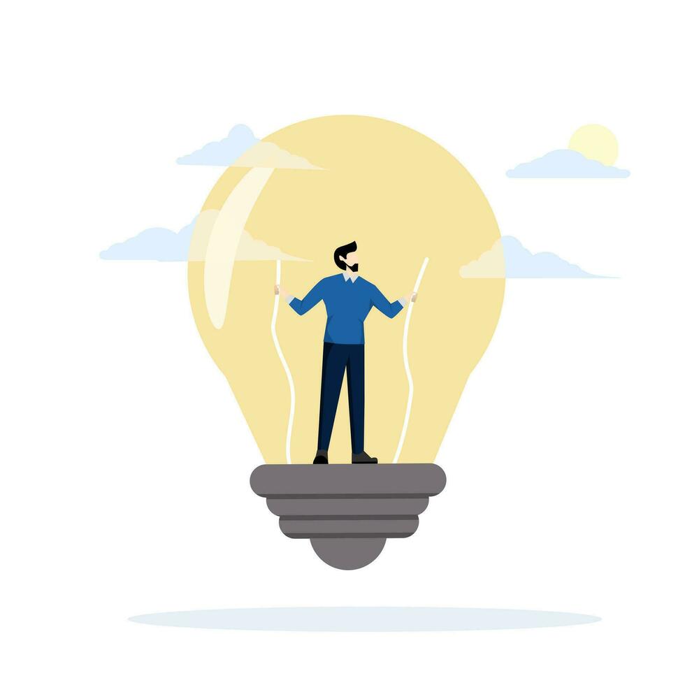 Businessman or leader repairing giant light bulb. Generate ideas for business processes and solutions. Leaders who face problems to find solutions for the organization. flat vector illustration.