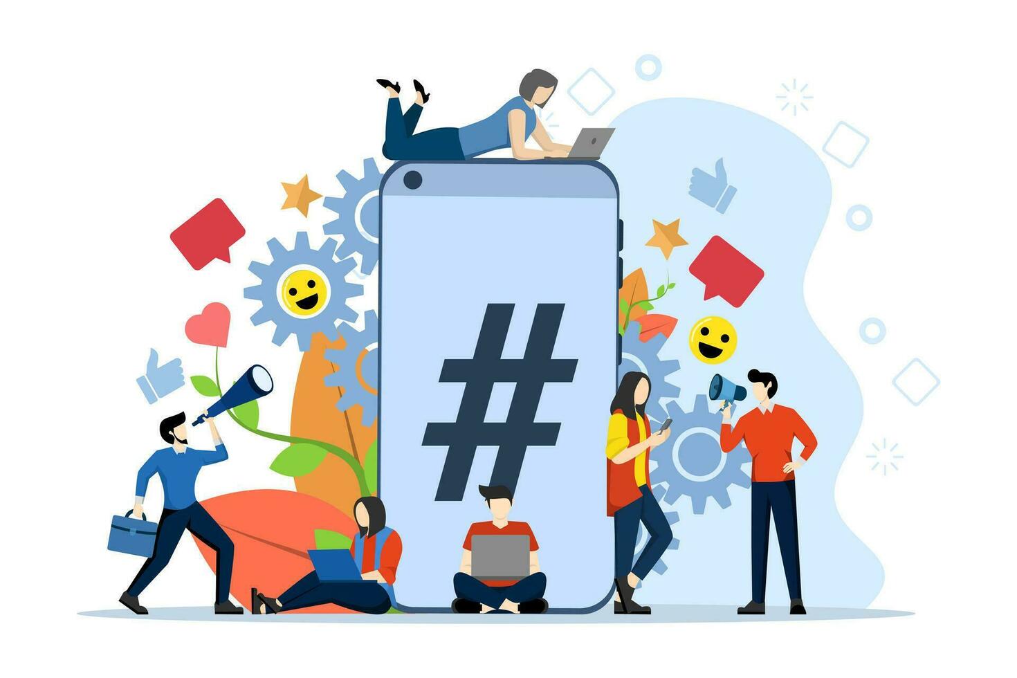 Social network concept with hashtag sign on phone and people characters. Minimal vector illustration outline design style for landing page, web banner, infographic, hero image, vector illustration.