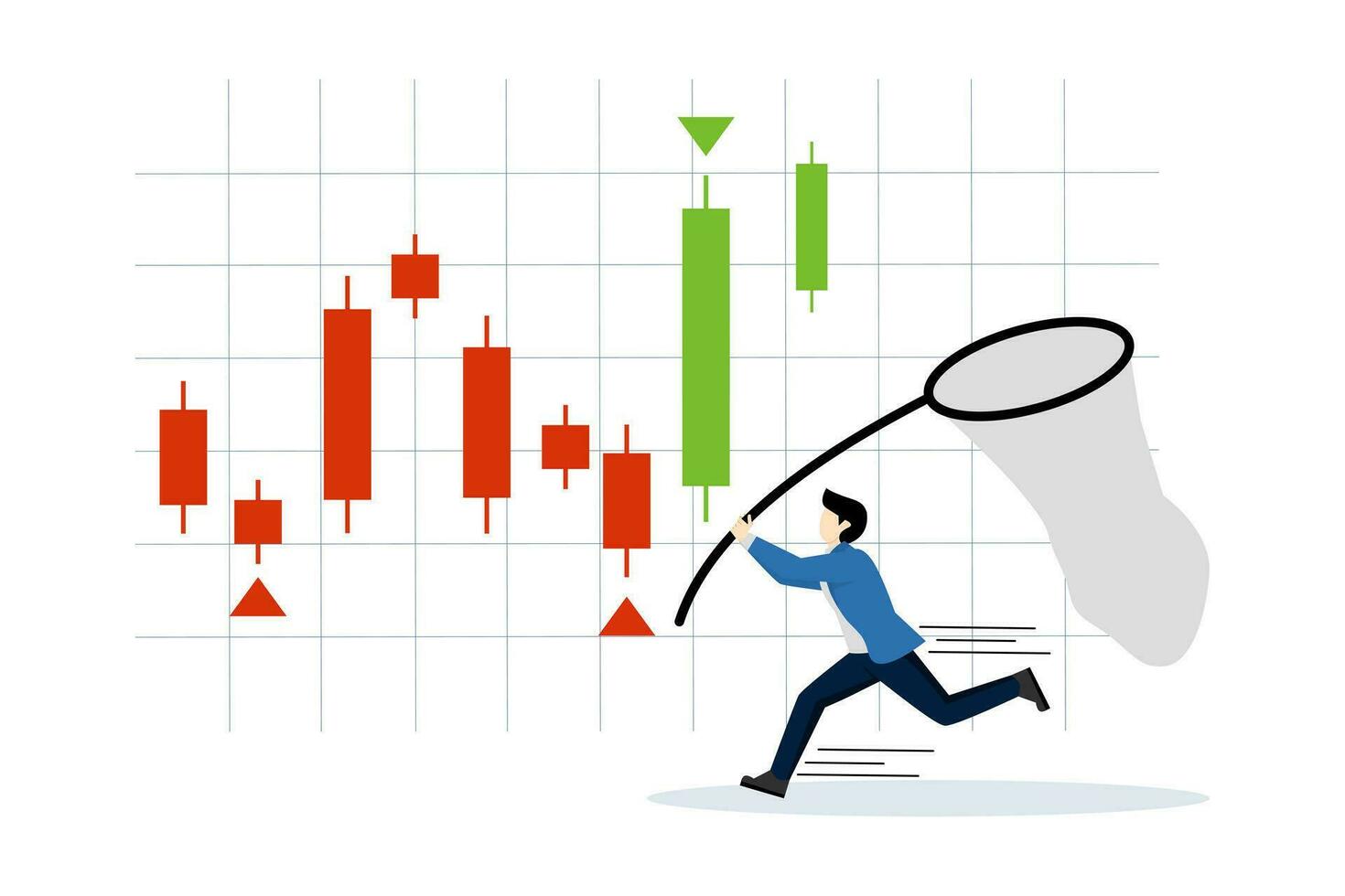 DCA, Profit in Bear market, Buy gradually when the stock price decreases. Profit from shrinking stocks Investors or business people chasing after buying stock candlesticks. flat vector illustration.