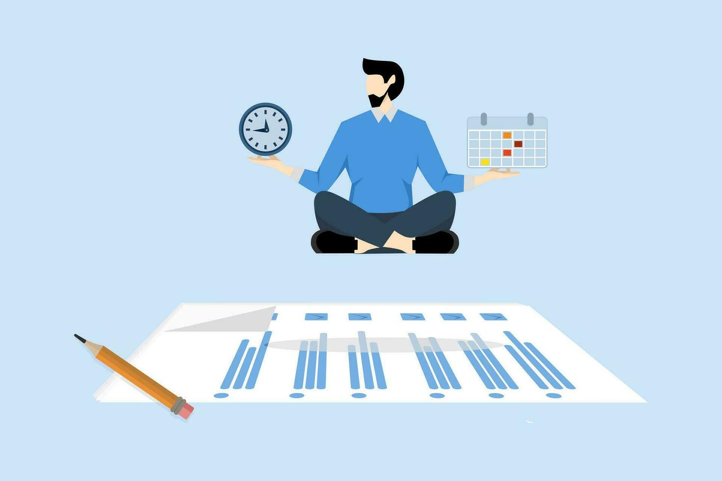 time management to increase productivity, Self-discipline or self-control to get work done or achieve business targets, entrepreneurs meditate balancing clocks and calendars on completed task papers. vector