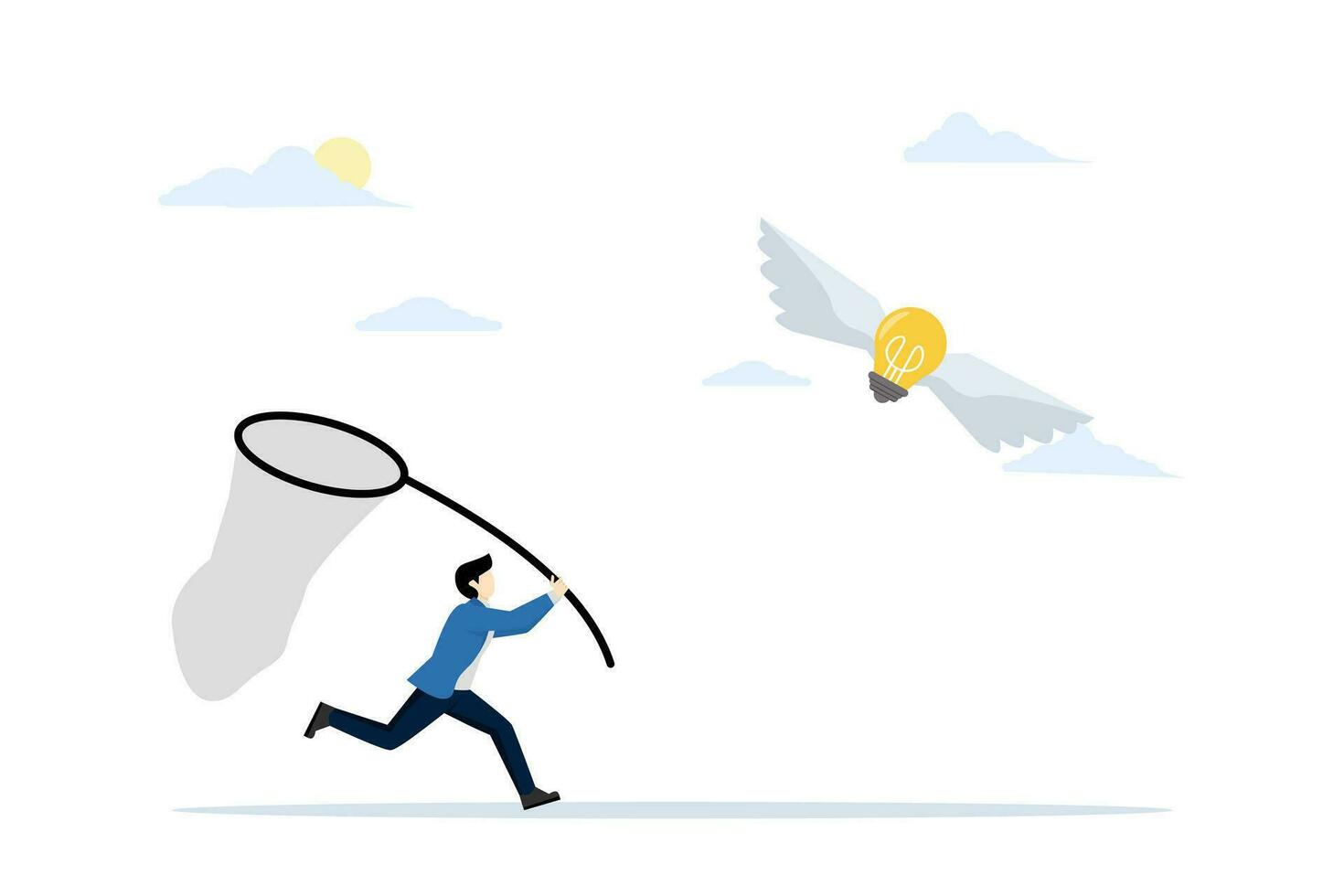 chasing flying idea or solution concept. Businessman trying to catch flying light bulb with spoon net. Get ideas. Flying idea. Flat vector illustration on a white background.