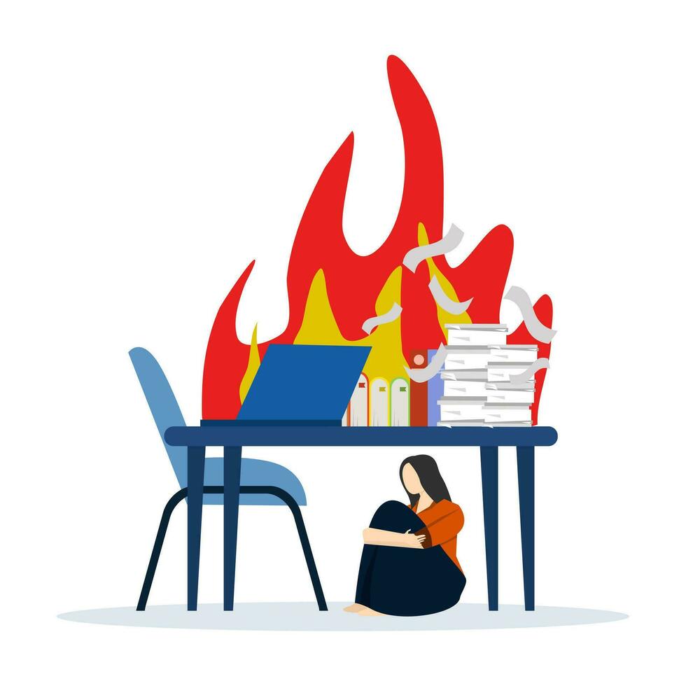 Burning syndrome. low work efficiency. emotional exhaustion This is the result of excessive work stress. Lack of motivation to work leads to depression. employees sitting under the table. vector. vector