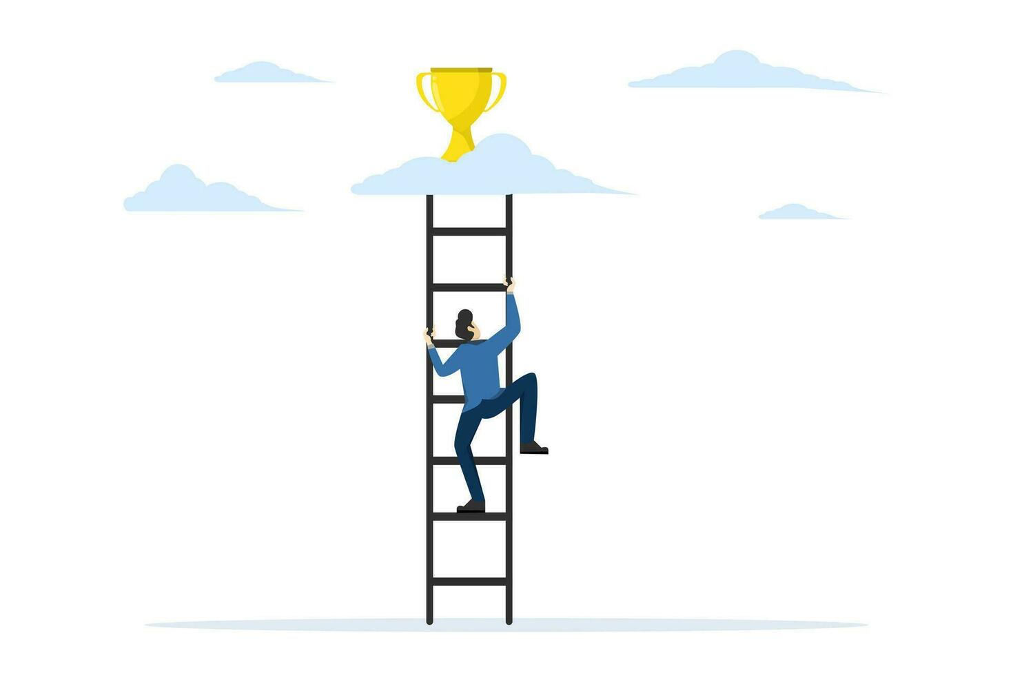 Businessman is climbing the ladder towards the cloud on which there is a golden cup. step by step towards success or goal. Leadership and achievement concept. Modern flat vector illustration.