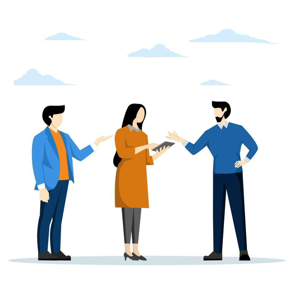 Discussion concept, company people support dialogue, communication vector, Friends telling each other latest news. Exchange of information, flat style vector illustration on a white background.