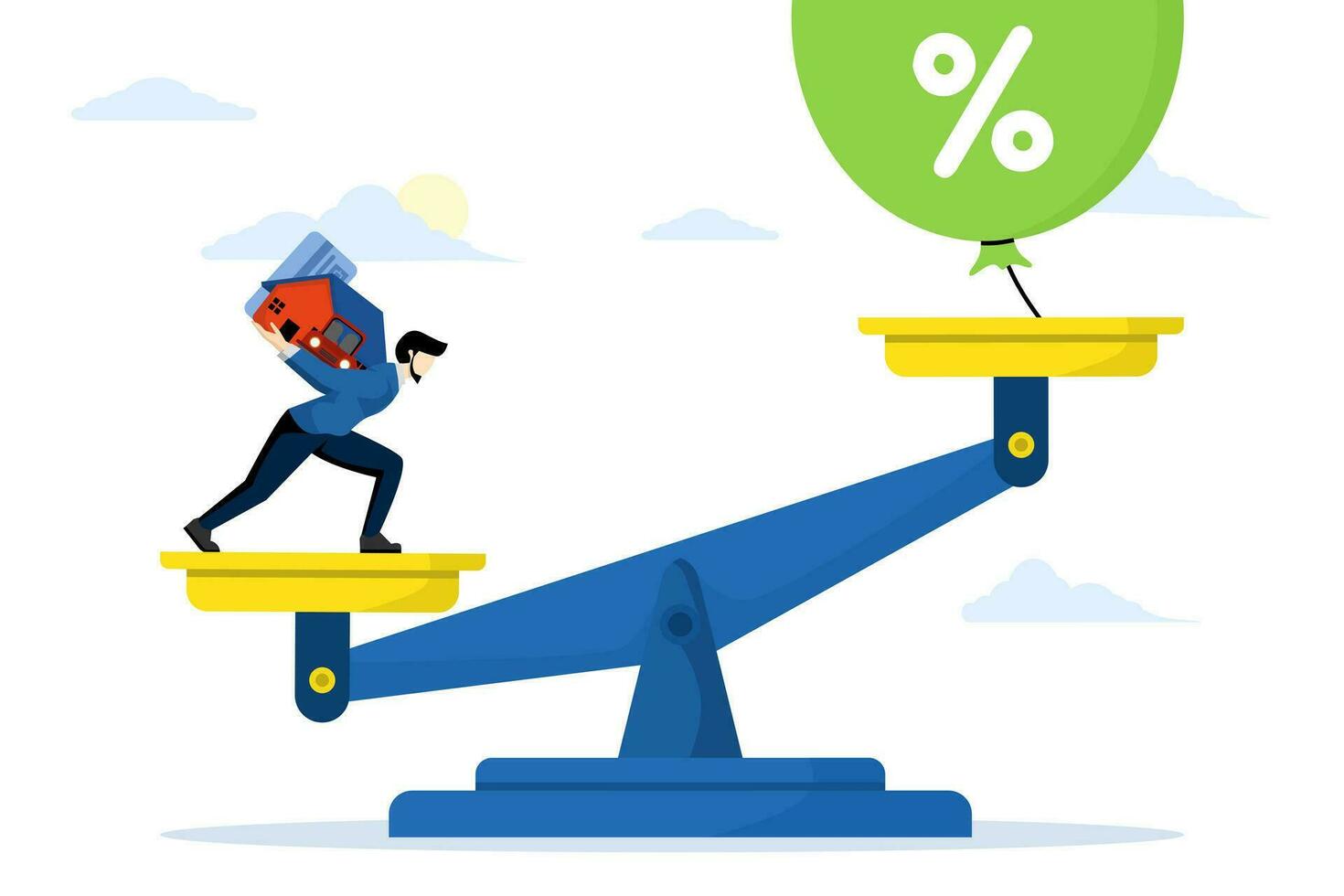 Debt inflation. Raising interest rates increases household debt. Hot air balloon tied on a seesaw. Floating interest ceiling. Businessman carrying heavy burden of debt vector. vector