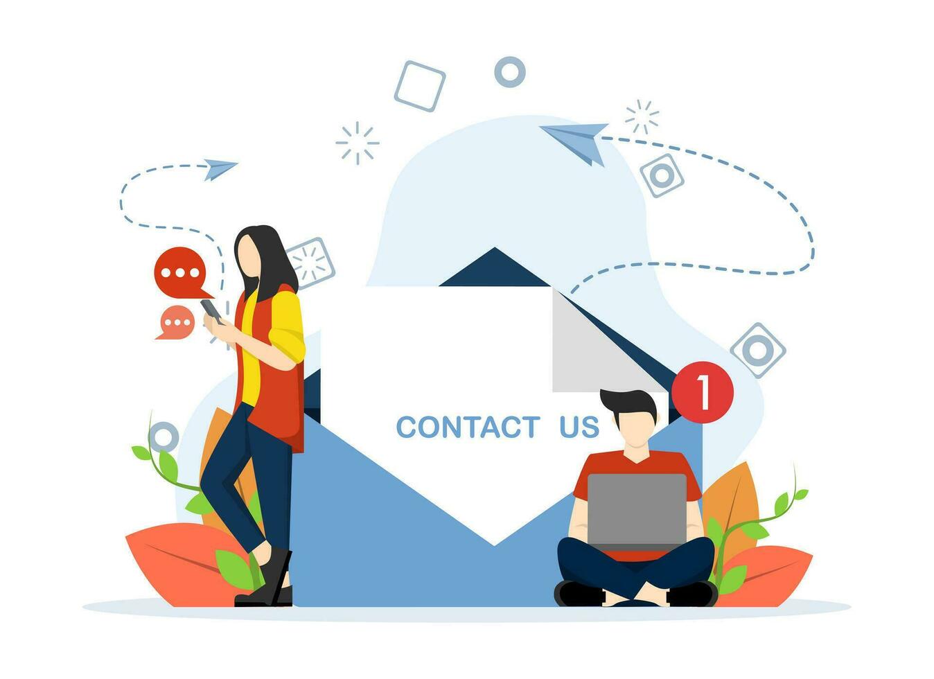 Online support concept, People using mobile phones and writing letters. Contact us banner. customer support, email marketing. Vector illustration for UI, web banner, mobile app.