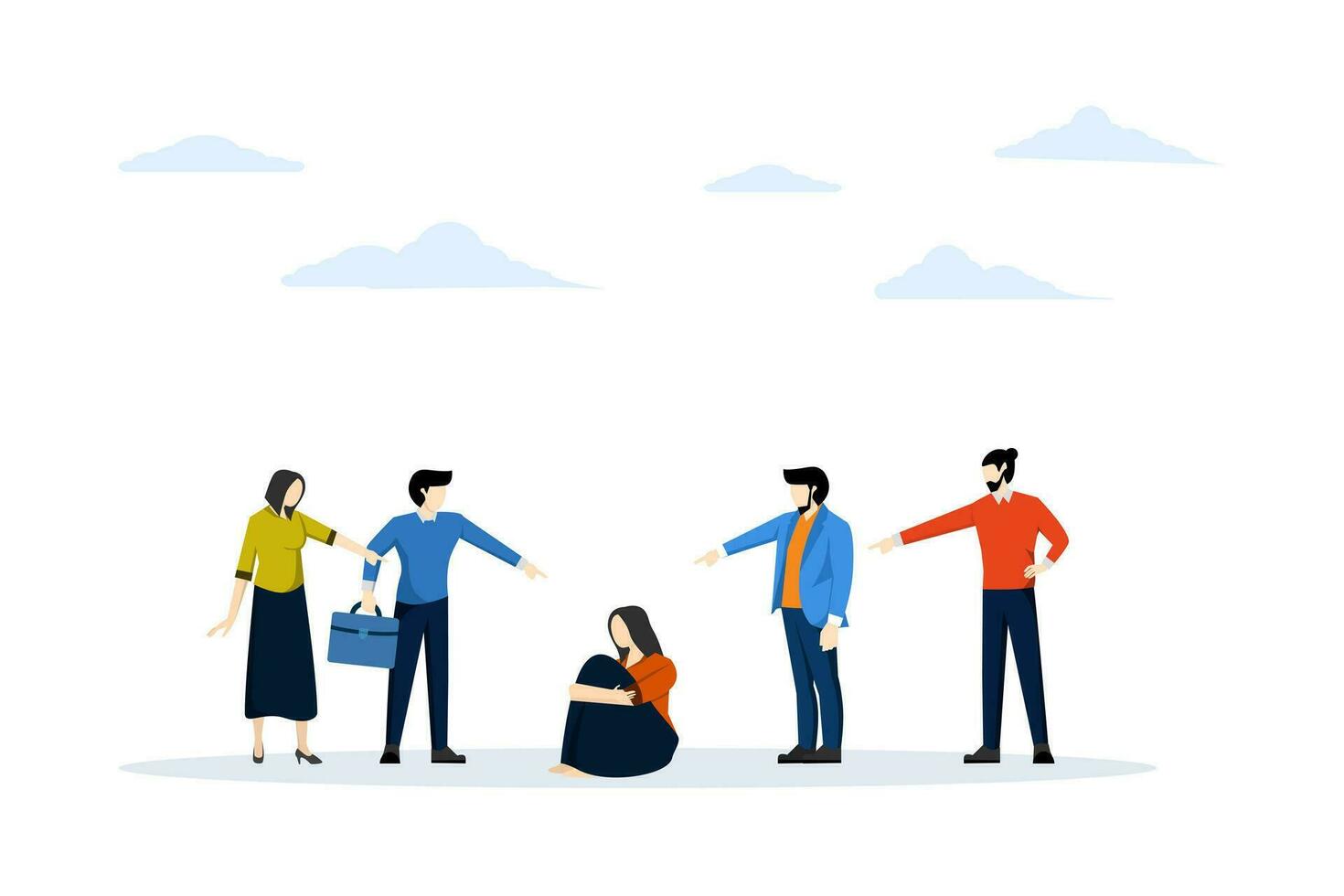 unpleasant behavior, toxic company culture. bullying problem, female character sitting on the floor surrounded by people who scorn her. Flat vector illustration on a white background.