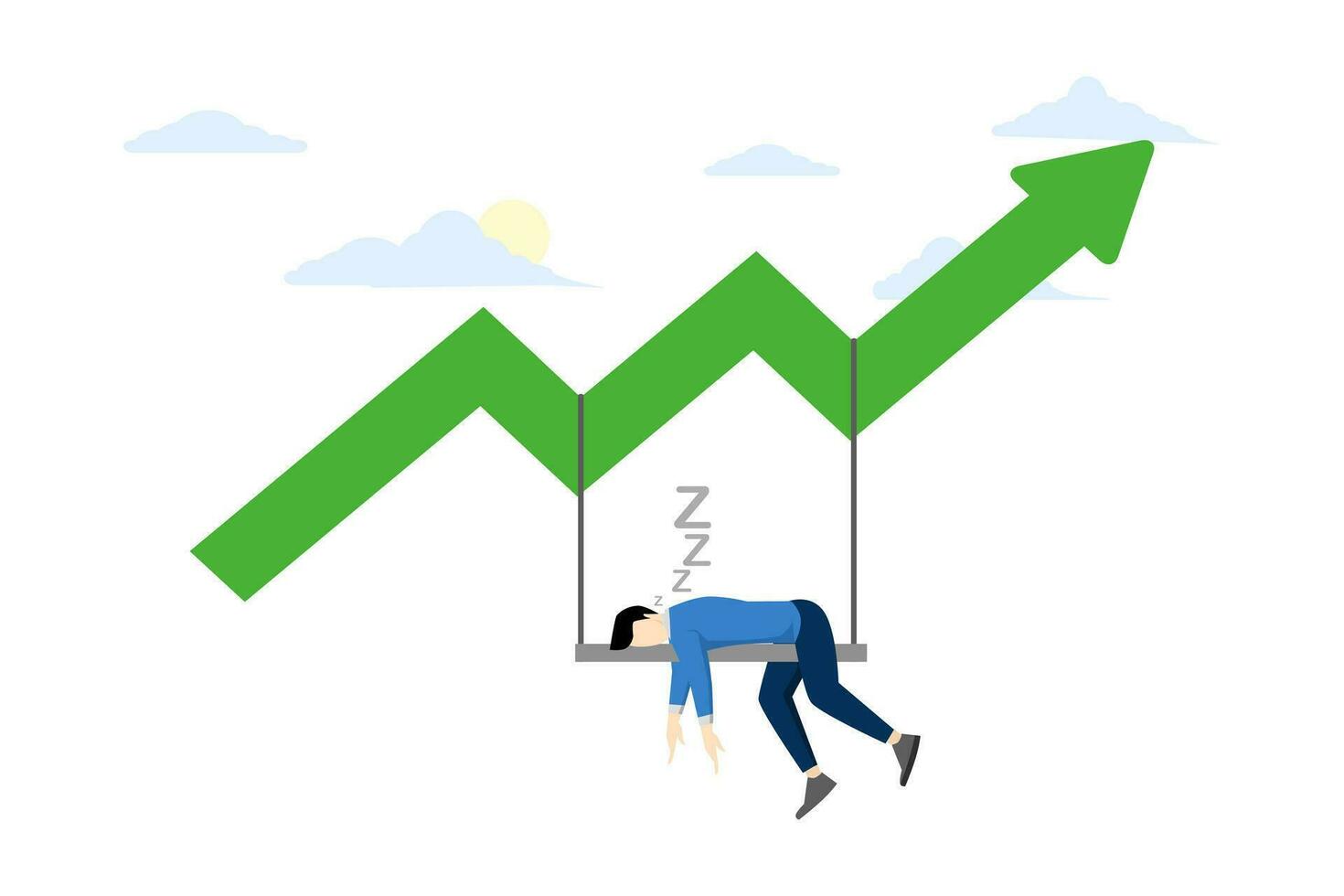 Passive income from crypto or stocks. market Invest in mutual funds or other assets. Get stock dividends. Businessman investors relax and sleep with growing charts. flat vector illustration.