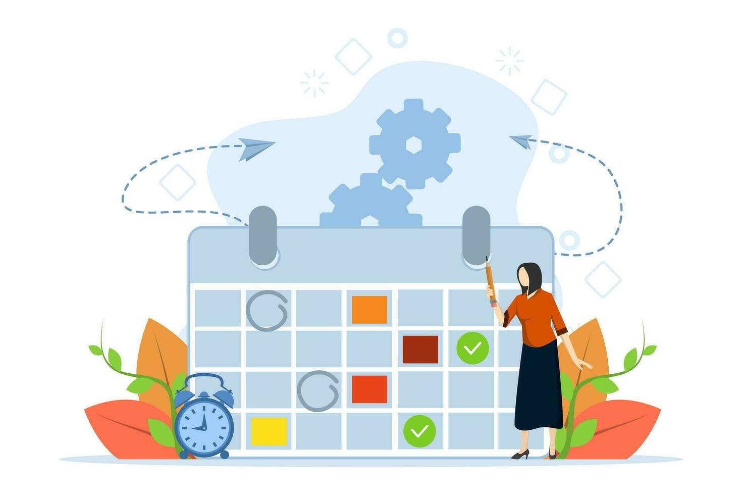 Planning schedule, business event and calendar concept. Planning strategy and time management. People with schedules, pens and notes setting up meetings. Vector illustration in flat cartoon design.