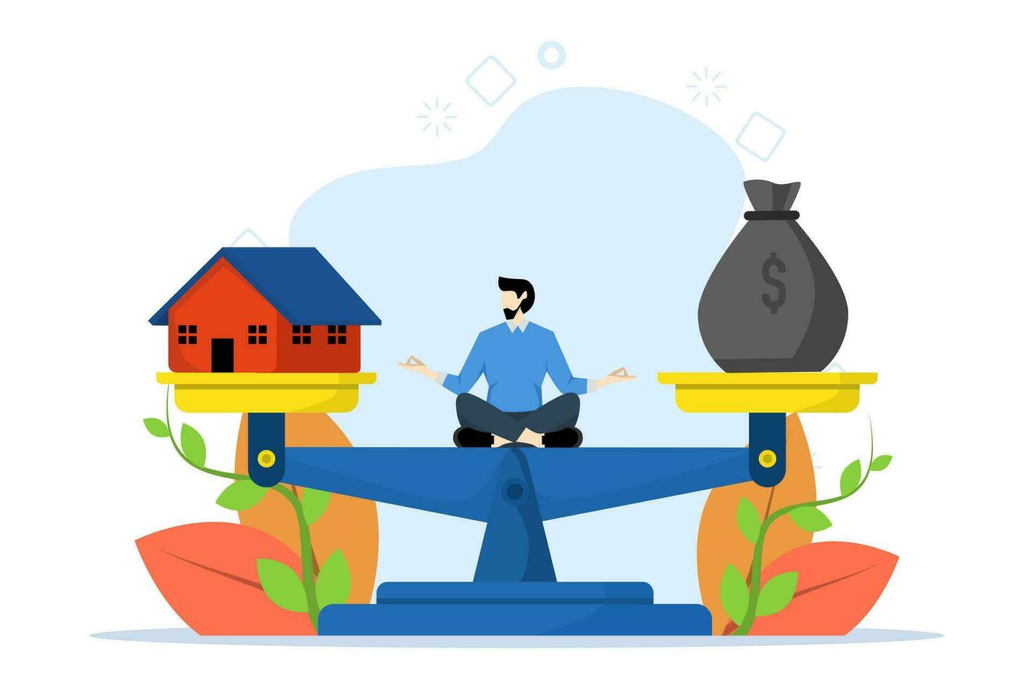 Mortgage payments, home loan interest rates or the balance between income and debt or loan payments. Calm businessman lotus gesture to balance between home and money. flat vector illustration.