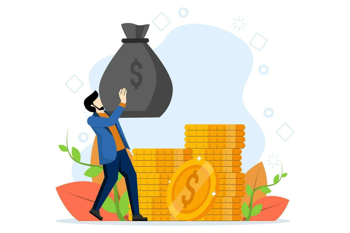 concept of financial wealth, investment success. happy people character make money. Cartoon millionaire or banker holding big coin. Financial growth, flat vector illustration on a white background.
