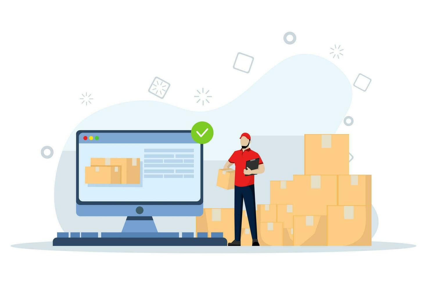 warehouse management concept. The warehouse manager maintains shipment records. Inventory control and product warehouse are still being examined. Flat Vector illustration on white background.