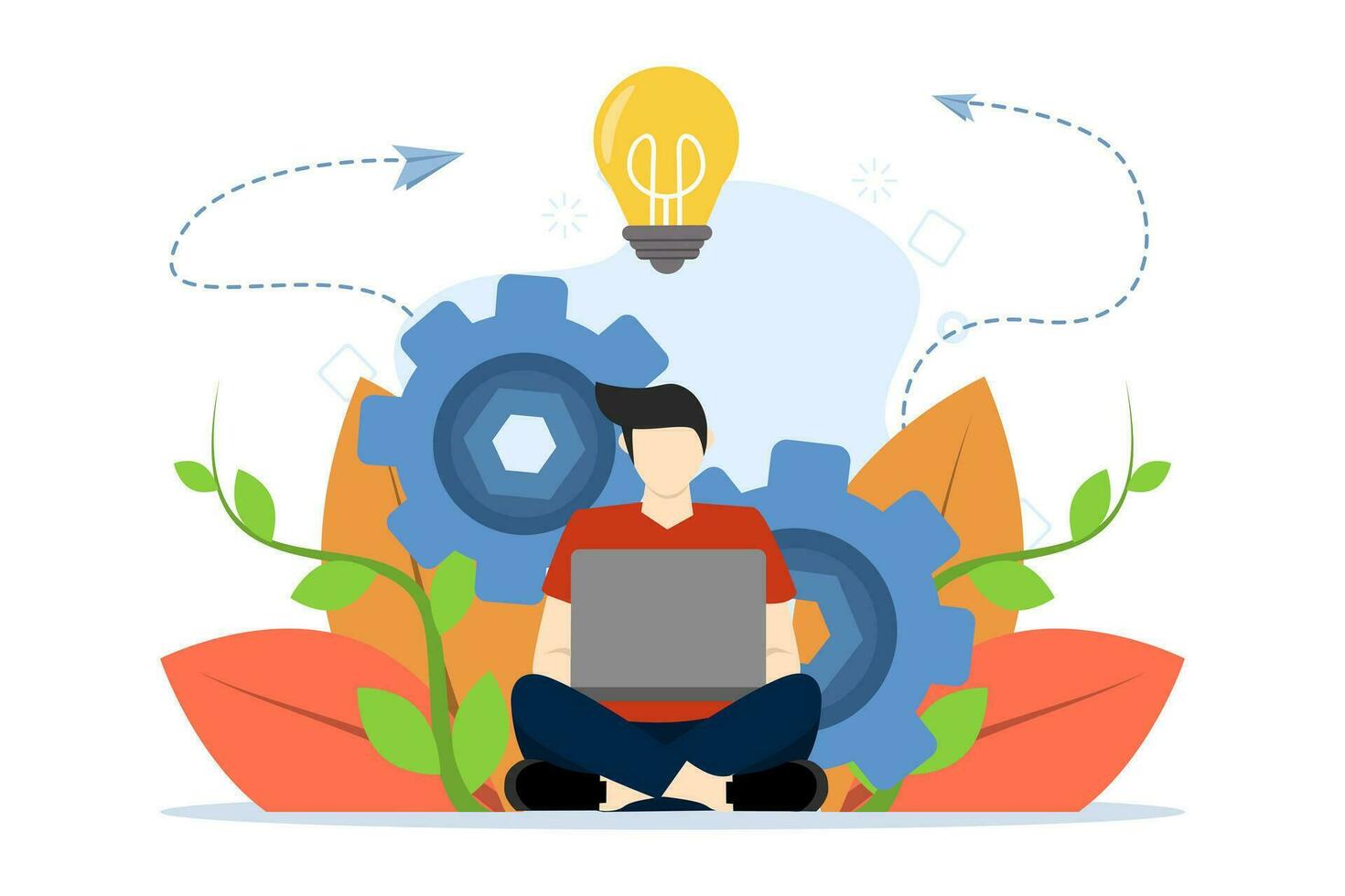 business concept, character using laptop with gear behind to generate ideas, career rise to success, flat color icon, business analysis vector, flat vector illustration on white background.
