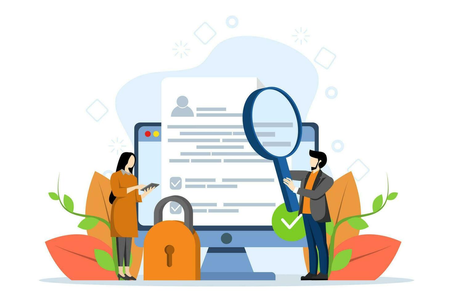 Terms and conditions concept. People sign documents, protect personal data, check documents. Concept of account security, privacy policy, user consent. Vector illustration in flat design.