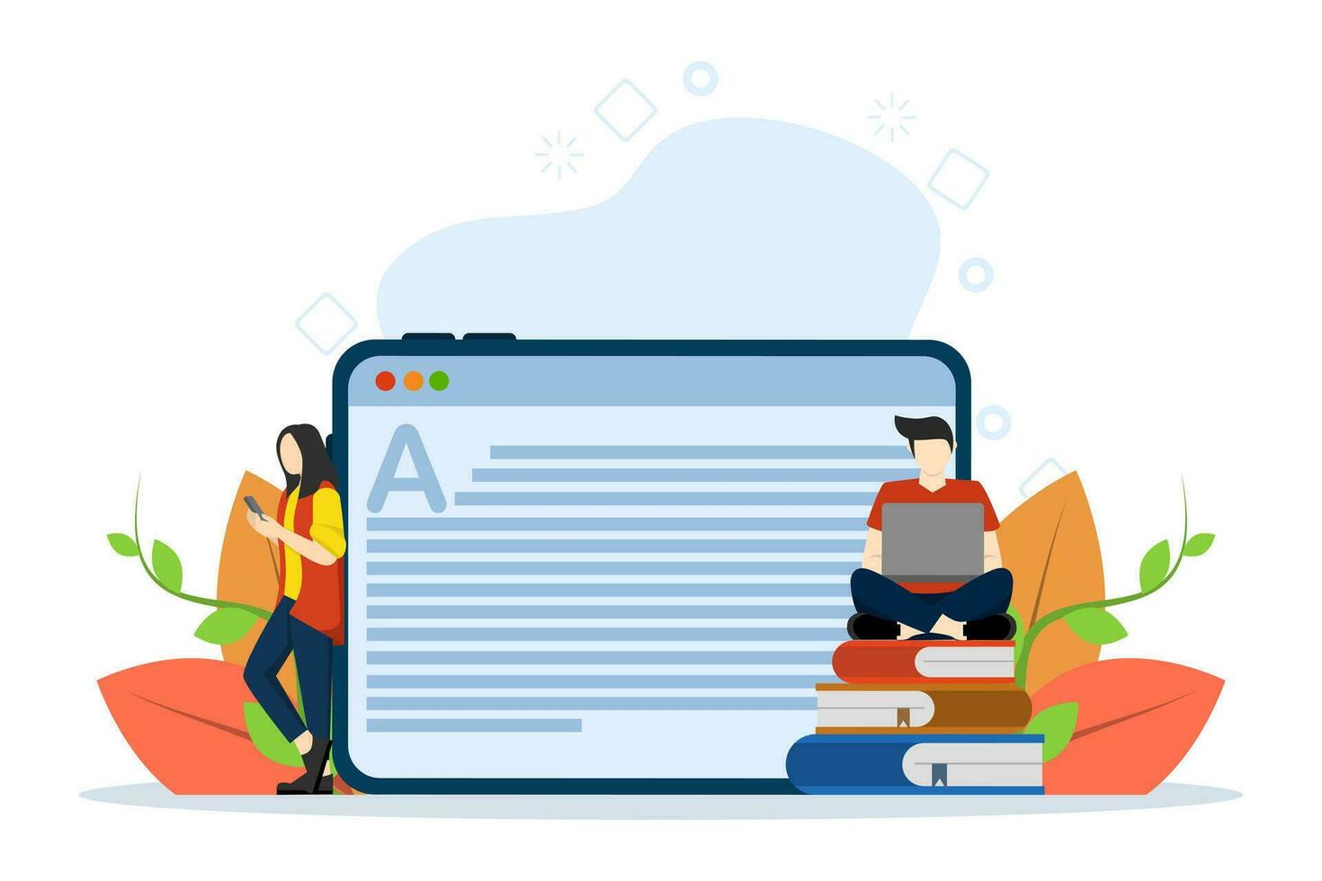 Concept of reading ebooks, book archive, modern online education. People or students standing and studying text with e-book. Digital library services. Vector illustration in flat design