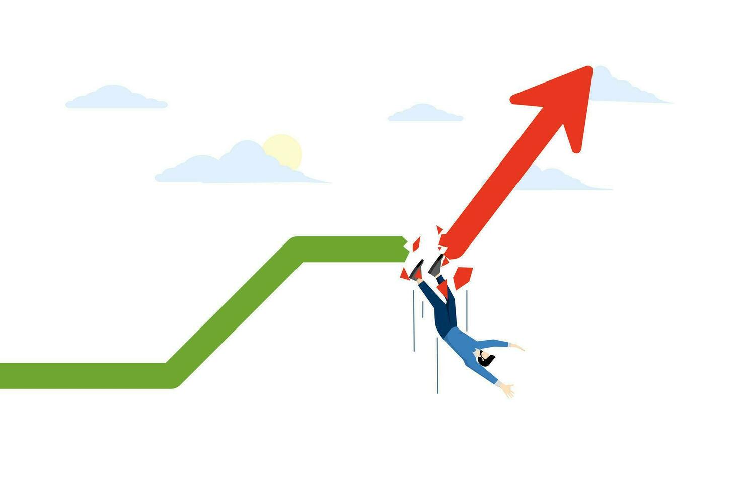 Economic downturn. The impact of the economic and financial crisis. falling chart. financial collapse. Businessman falls off broken green chart chart and turns red. flat vector illustration.