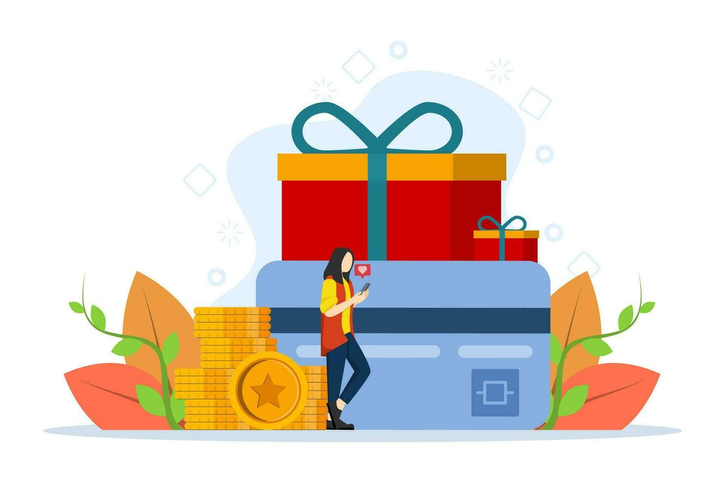 characters looking for great deals, get bonuses and cashback. Discount concept, customer service, online shopping, earn points, loyalty program, refer friends. Vector illustration in flat design.