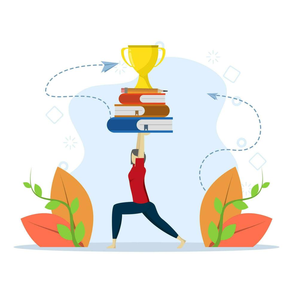 distance education, online and business courses, education, online books and study guides, exam preparation, home schooling, hard for a person to hold science in his hands, flat vector illustration.