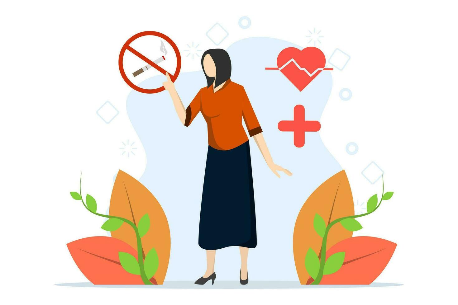 Quit smoking concept, healthy habit. Woman with quit smoking sign. Ex-smoker with new health life. no tobacco day. Vector illustration in modern flat cartoon design