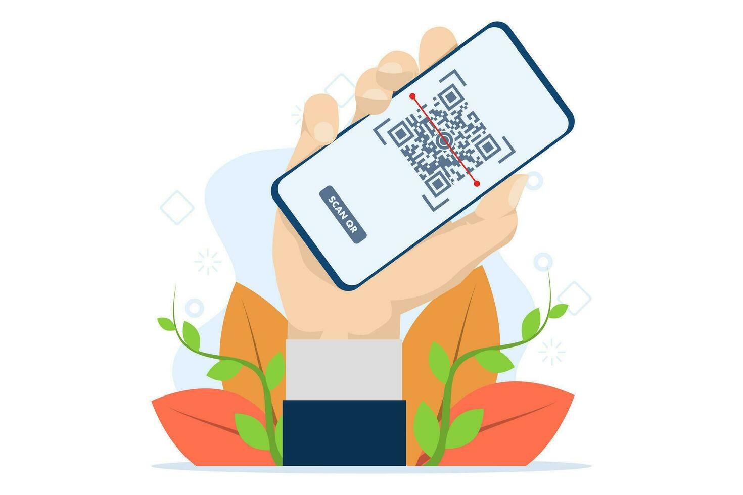 electronic payment, QR verification, Person holding phone with QR sign. User scans QR code with phone for payment. QR code collection, mobile scanner. Flat vector illustration for UI, website.