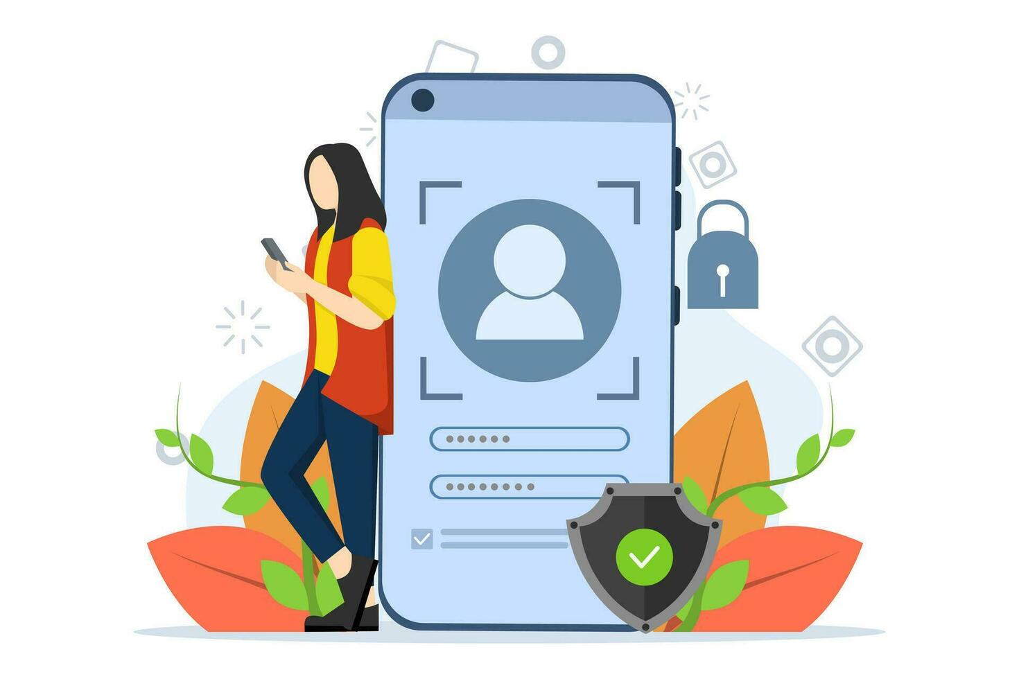 A woman standing near the phone, face recognition concept, face ID system, biometric identification. identify faces. Vector Illustration in flat design for mobile application.