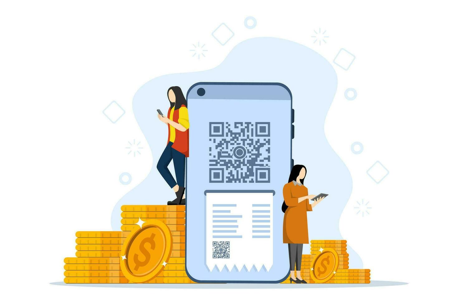 electronic payment, QR verification, Person holding phone with QR sign. User scans QR code with phone for payment. QR code collection, mobile scanner. Flat vector illustration for UI, website.