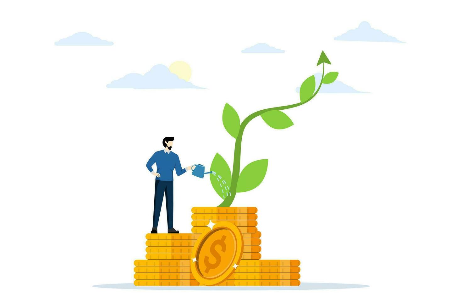 Investment growth or business growth, A businessman watering a small plant shaped like a growth chart. make profit in stock market or income growth concept. flat vector illustration.