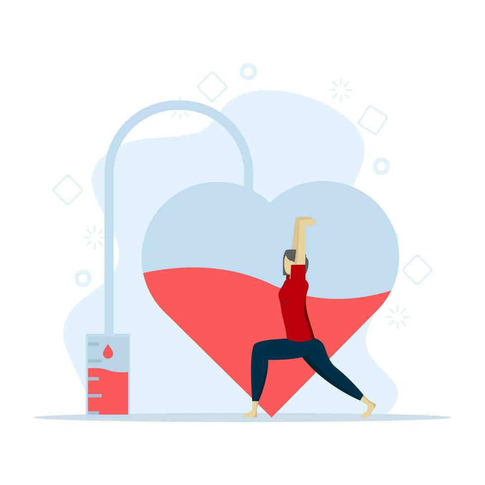 Donation concept, world blood donor day, plasma. Volunteers donate blood. Donor woman standing with heart. Vector illustration in flat design for background, banner, card.