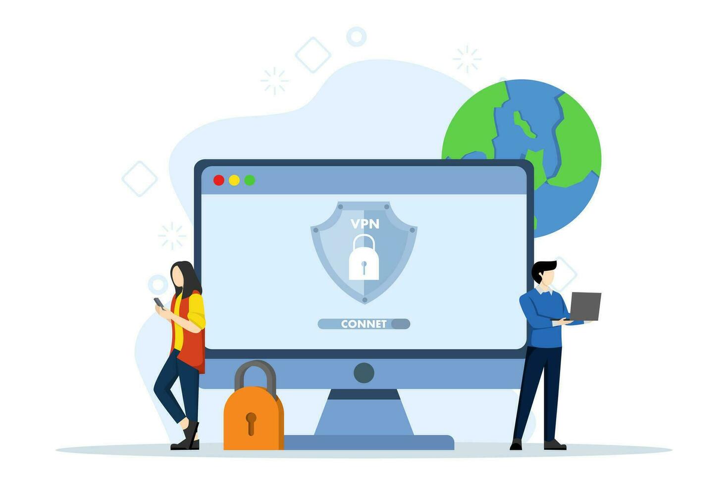 virtual privado red concepto, ciber seguridad, personaje utilizando vpn para ordenador portátil o computadora. los usuarios proteger personal datos con un vpn servicio. seguro web tráfico, datos proteccion. vector ilustración.