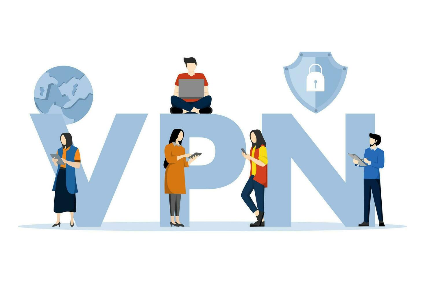 virtual privado red concepto, ciber seguridad, datos proteccion. los usuarios proteger personal datos con un vpn servicio. personas utilizando vpn para computadora, teléfono inteligente con vpn signo. plano vector ilustración.