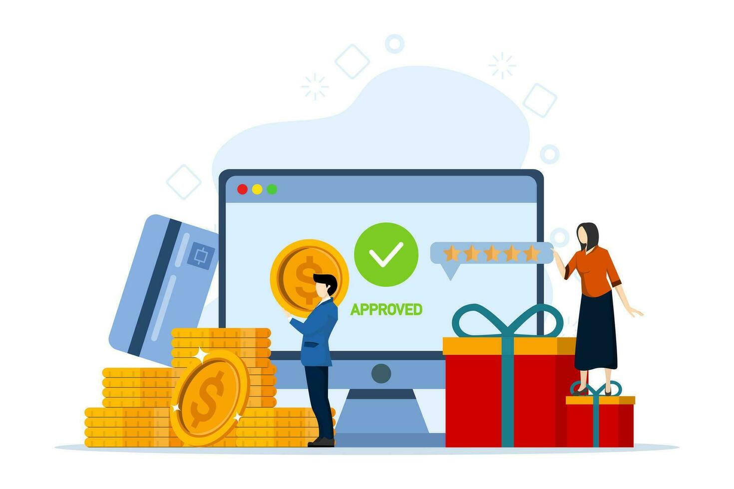 Payment draft approved, payment made. People pay successfully and safely. Online mobile payment and banking services. Vector illustration in flat design for web banner and mobile app.