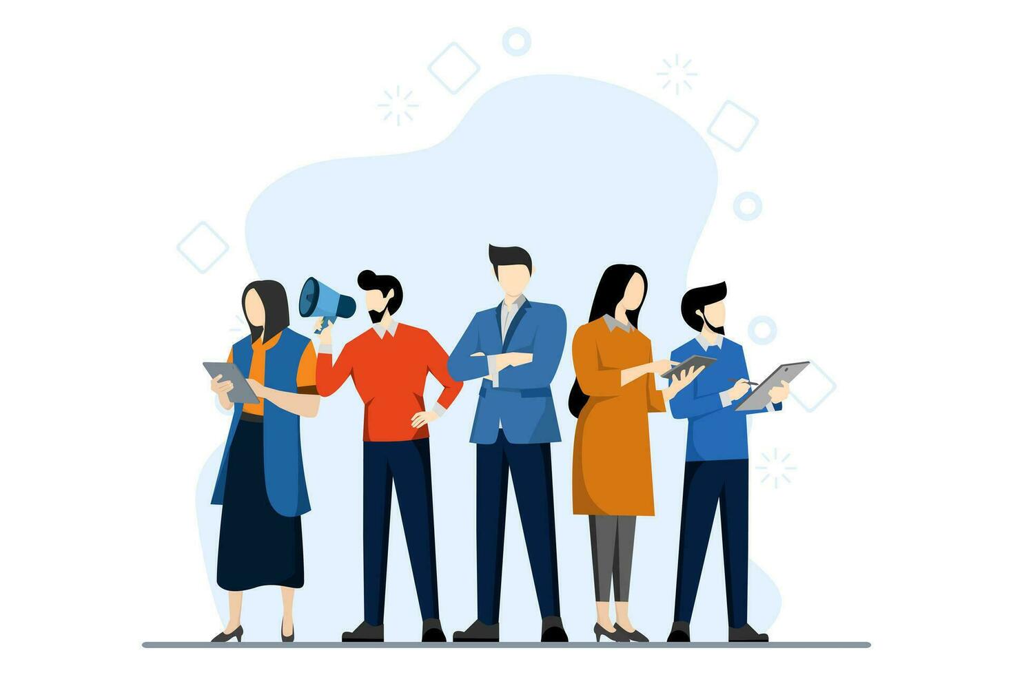 Group of men and women in business suits. Business team ready to work. Team work. Coworker character communication. Building teams and business partnerships. Office worker standing vector